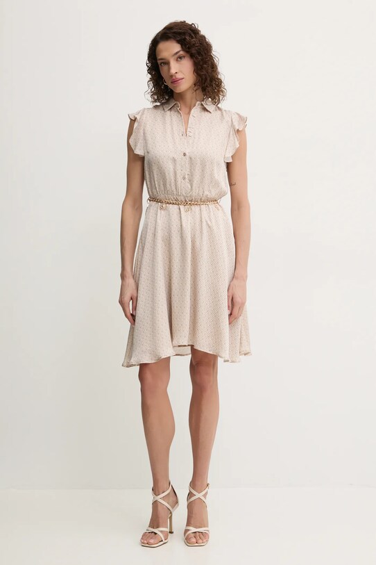 Fracomina sukienka z domieszką jedwabiu FR25SD1011W774J7 beżowy SS25