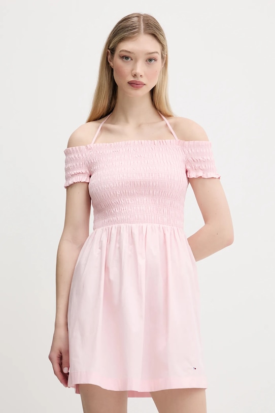 Βαμβακερό φόρεμα Tommy Jeans casual ροζ DW0DW20343