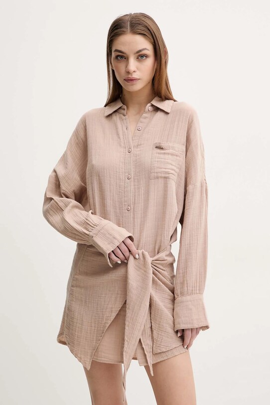 Melissa Odabash rochie din bumbac cu guler maro MO.SARA