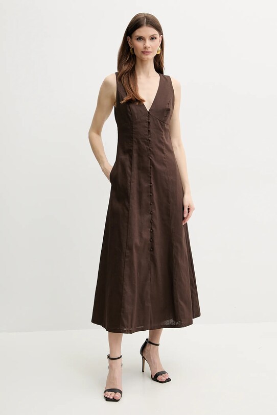 Bardot rochie din in CORDELIA midi maro 59808DB