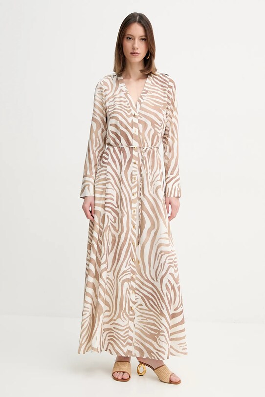 Šaty s prímesou ľanu Marciano Guess GISELLE 5GGK08.7314A béžová SS25