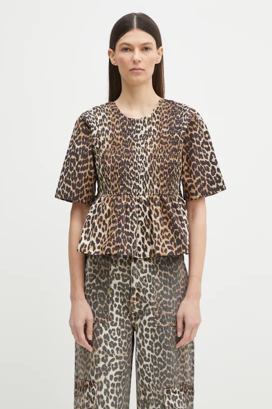 GANNI cotton blouse all-over print brown W0205