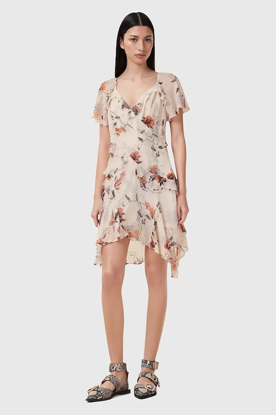 AllSaints rochie din amestec de matase DARMA mini bej W018DC