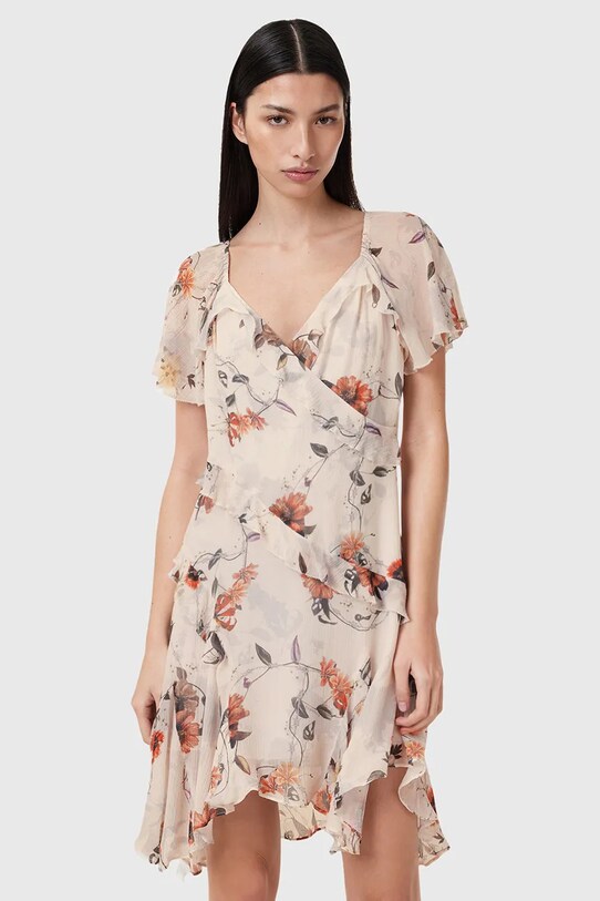 AllSaints rochie din amestec de matase DARMA W018DC bej SS25