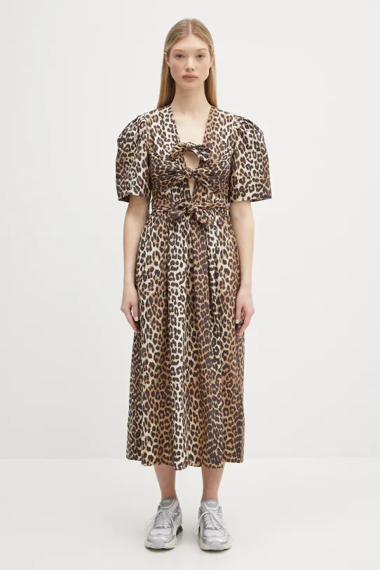 GANNI cotton dress Printed Cotton Tie Strap Midi midi brown W0373