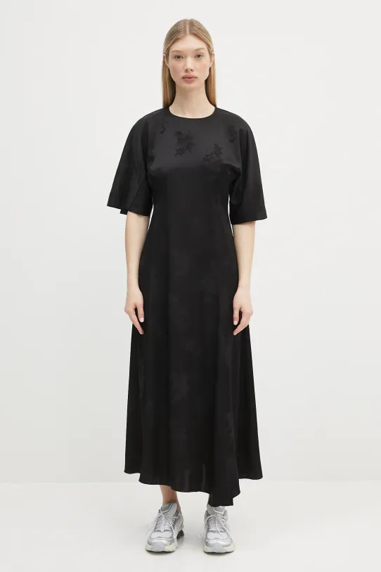 GANNI dress Fluid Satin Jacquard Slit Long maxi black W0255