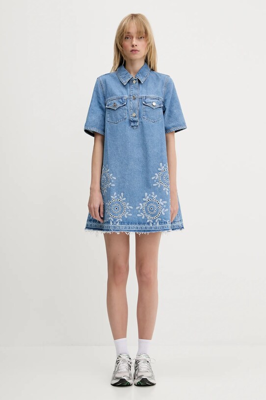 Džínové šaty GANNI Broderie Anglaise Denim Mini J1694 modrá