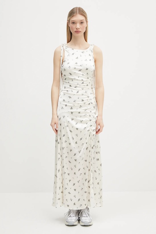 Šaty GANNI Printed Satin Gathered Long jednoduchý béžová W0262