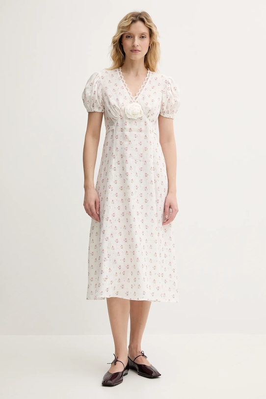 Ľanové šaty The Sleeper kvetinový biela GRDR01F015R