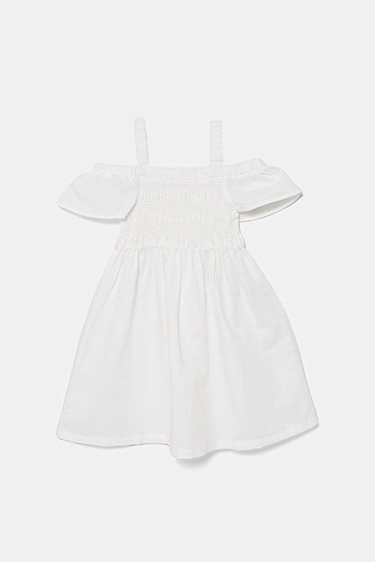 United Colors of Benetton sukienka lniana dziecięca rozkloszowany biały 43WBCV037.G.Seasonal