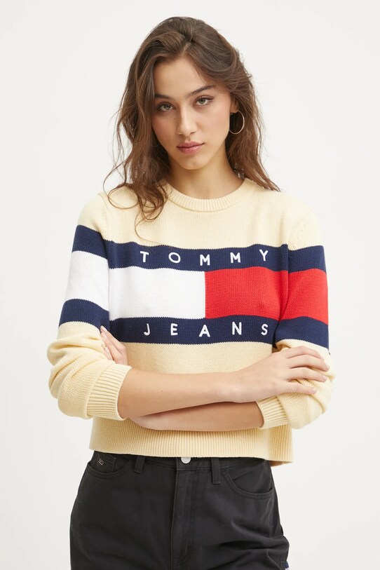 Tommy Jeans pulover de bumbac galben DW0DW19335