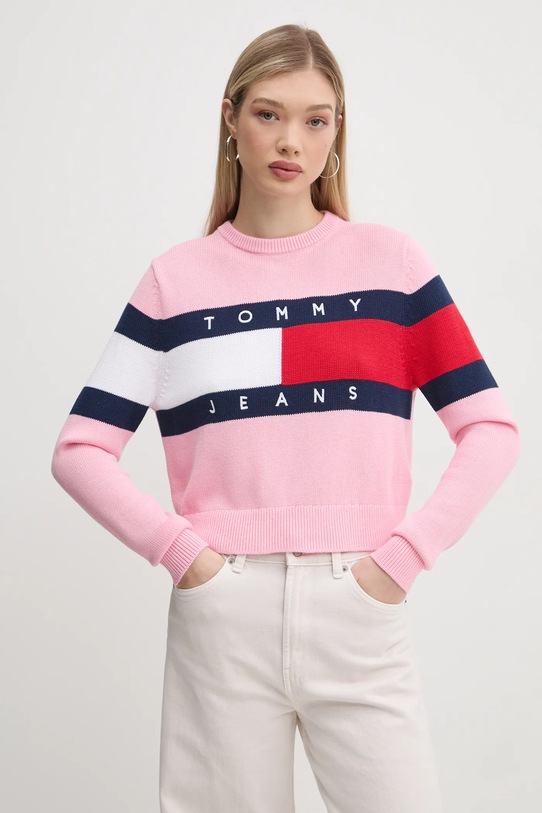 Bavlněný svetr Tommy Jeans kulatý růžová DW0DW19335