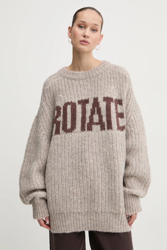 Rotate sweter wełniany okrągły beżowy 114443164