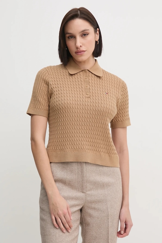 Tommy Hilfiger maglione in cotone colletto abbottonato marrone WW0WW43957