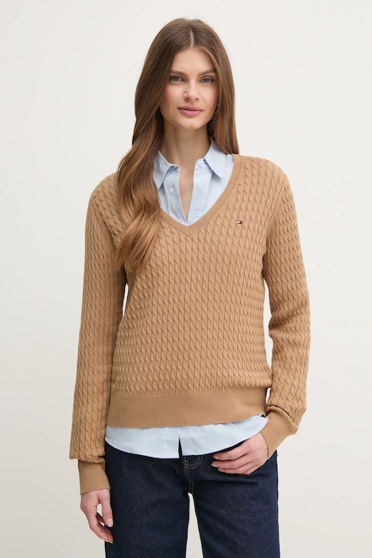 Bavlněný svetr Tommy Hilfiger V výstřih hnědá WW0WW44987