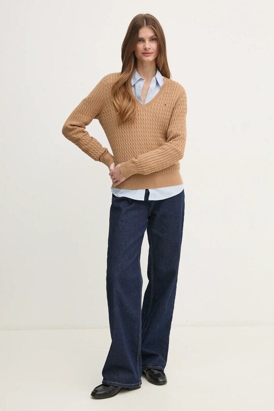 Βαμβακερό πουλόβερ Tommy Hilfiger WW0WW44987 καφέ SS25