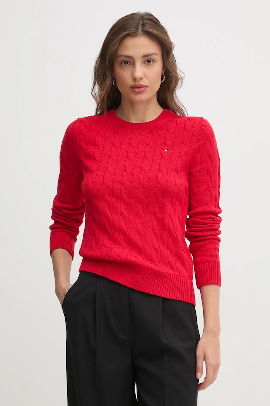Bavlněný svetr Tommy Hilfiger kulatý červená WW0WW45207
