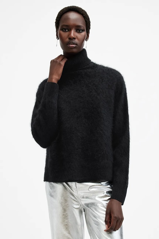 AllSaints maglione in cachemirie REBEL scollo a collo alto nero W038KB