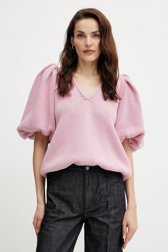 Bavlněný svetr Luisa Spagnoli V výstřih růžová 100033