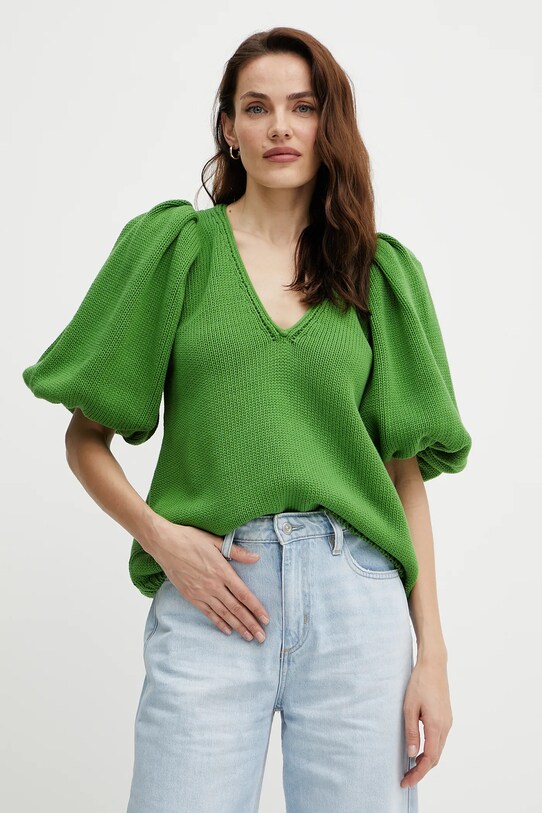 Bavlněný svetr Luisa Spagnoli V výstřih zelená 100033