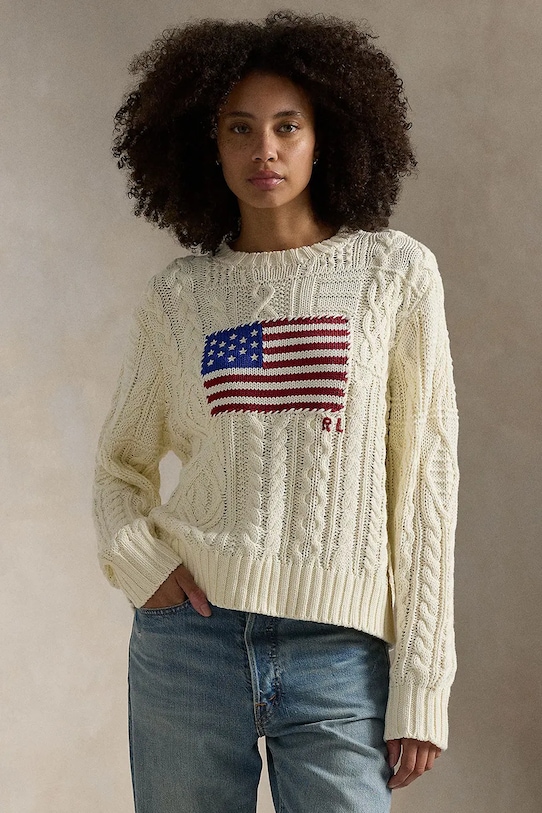 Polo Ralph Lauren sweter bawełniany ARAN FLG PO aplikacja beżowy 211924430