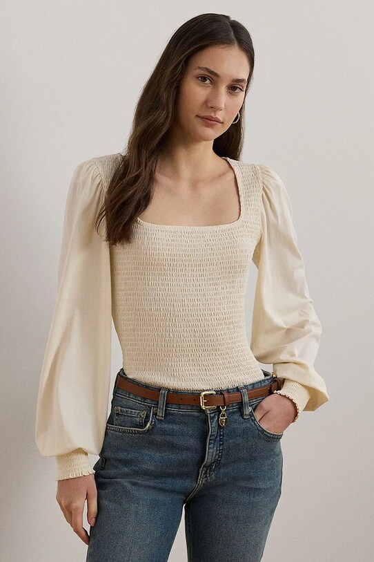Bavlněná halenka Lauren Ralph Lauren slim béžová 200963867