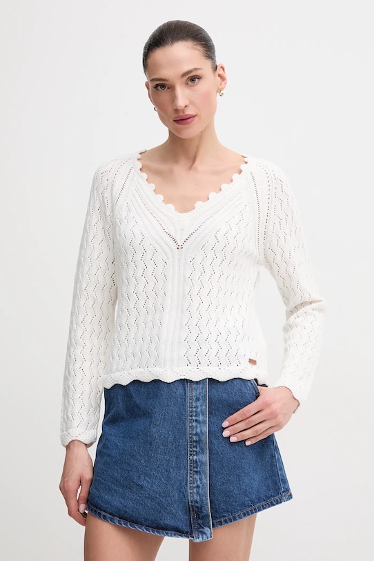 Bavlněný svetr Pepe Jeans OLYA SWEATER V výstřih béžová PL702288