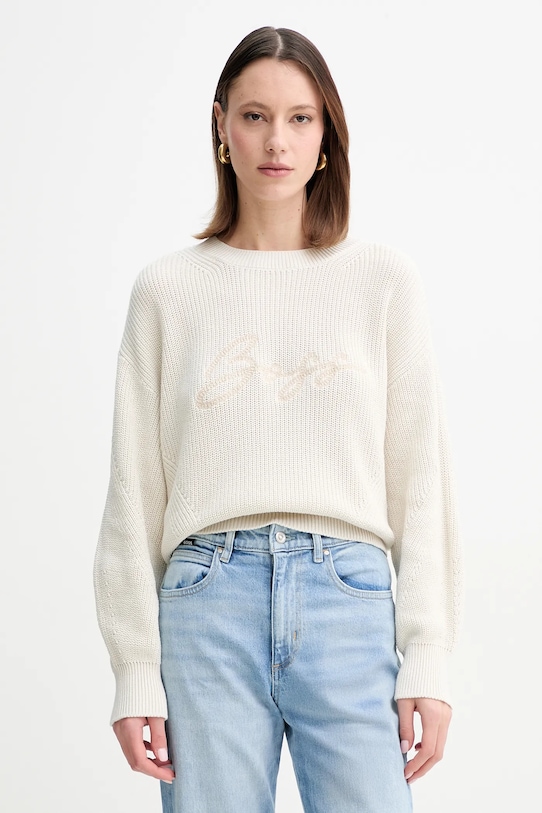 BOSS Orange sweter bawełniany aplikacja beżowy 50540285