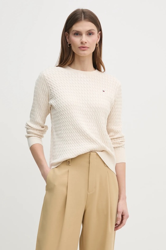 Bavlněný svetr Tommy Hilfiger kulatý béžová WW0WW44993