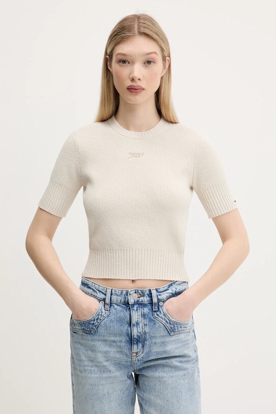 Пуловер Tommy Jeans овално бежов DW0DW20380