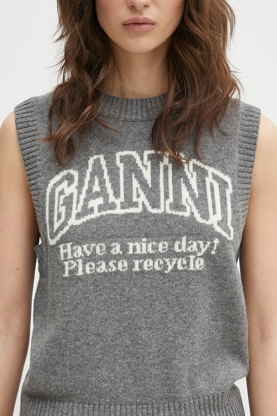 GANNI kamizelka wełniana Graphic Wool Vest szary K2308