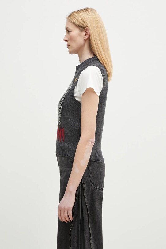 Pulover s dodatkom vune GANNI Graphic Wool Mix Cats Vest K2375 siva SS25