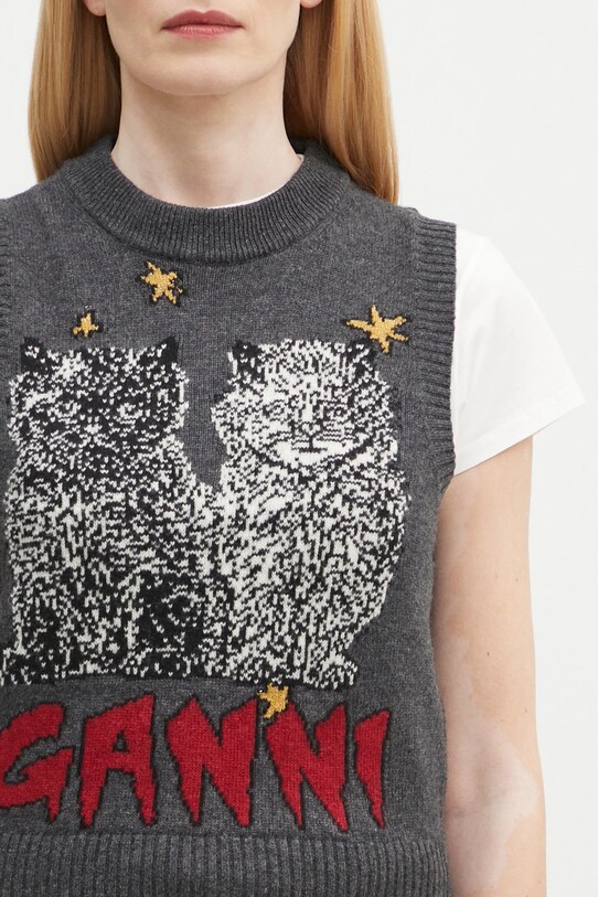 Pulover s dodatkom vune GANNI Graphic Wool Mix Cats Vest siva K2375