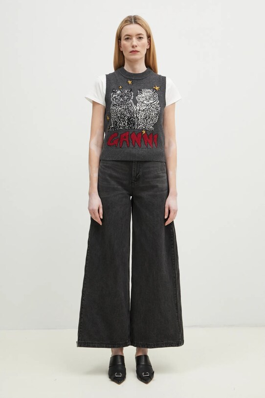 Pulover s dodatkom vune GANNI Graphic Wool Mix Cats Vest K2375 siva