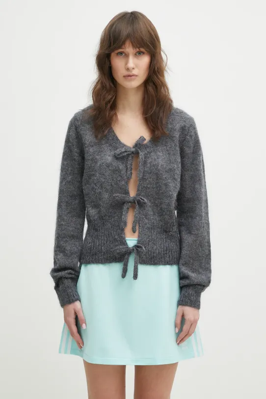 Vlnený kardigán GANNI Light Mohair Tie String Cardigan jednofarebný sivá K2411