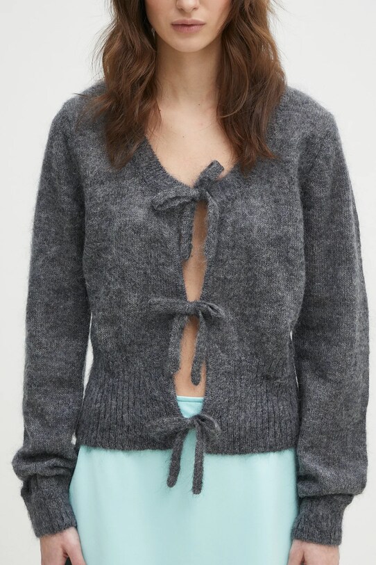 GANNI kardigan wełniany Light Mohair Tie String Cardigan szary K2411