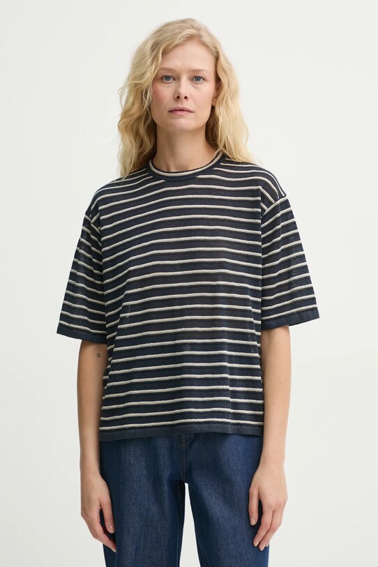 Theory t-shirt lniany okrągły granatowy P0313702