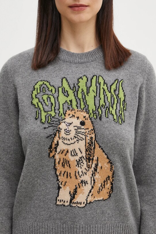 Vlněný svetr GANNI Graphic Wool Mix Bunny šedá K2502