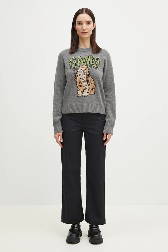 Vlněný svetr GANNI Graphic Wool Mix Bunny K2502 šedá
