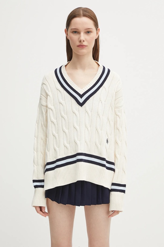 Sporty & Rich sweter bawełniany Src Cableknit V-Neck wzorzyste beżowy WS011602302WH38