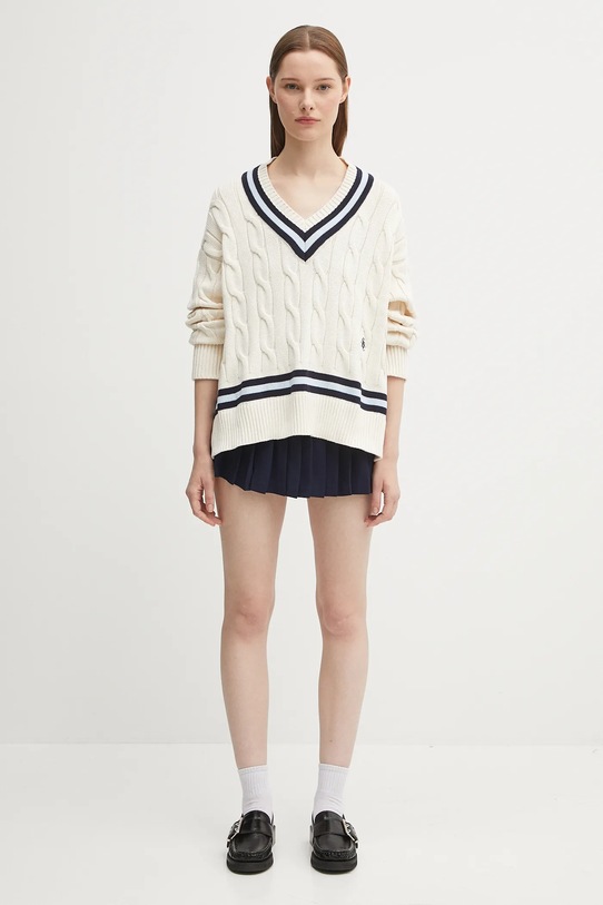 Sporty & Rich sweter bawełniany Src Cableknit V-Neck WS011602302WH38 beżowy