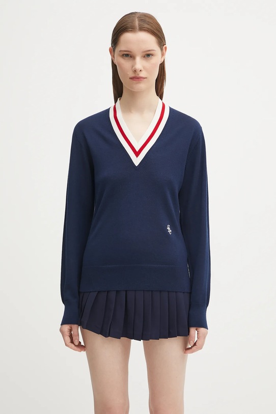 Sporty & Rich sweter wełniany Src Cableknit V-Neck wełna granatowy WS070602302BL117