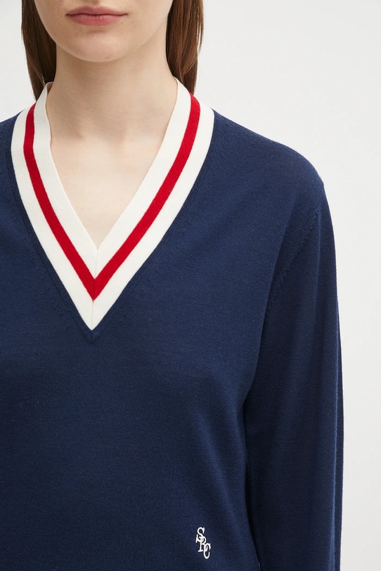 Sporty & Rich sweter wełniany Src Cableknit V-Neck granatowy WS070602302BL117