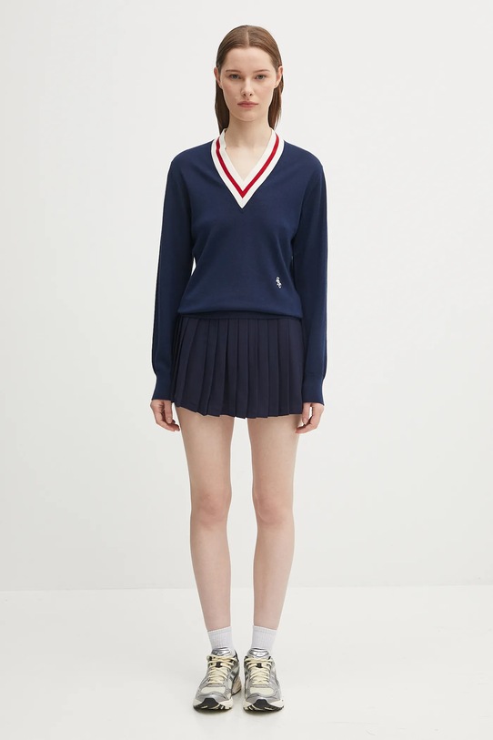 Sporty & Rich sweter wełniany Src Cableknit V-Neck WS070602302BL117 granatowy
