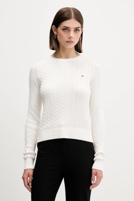 Bavlněný svetr Tommy Jeans kulatý béžová DW0DW22165