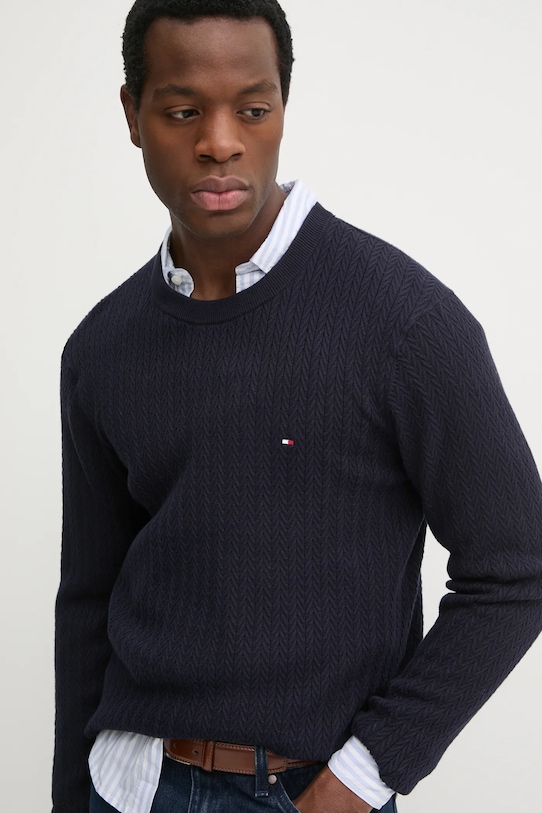 Bavlněný svetr Tommy Hilfiger kulatý námořnická modř MW0MW37400