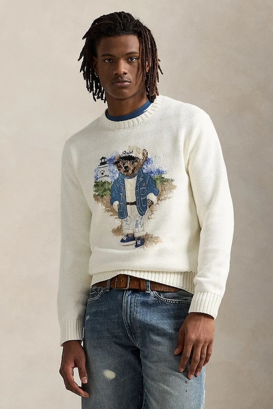 Bavlněný svetr Polo Ralph Lauren kulatý bílá 710964797