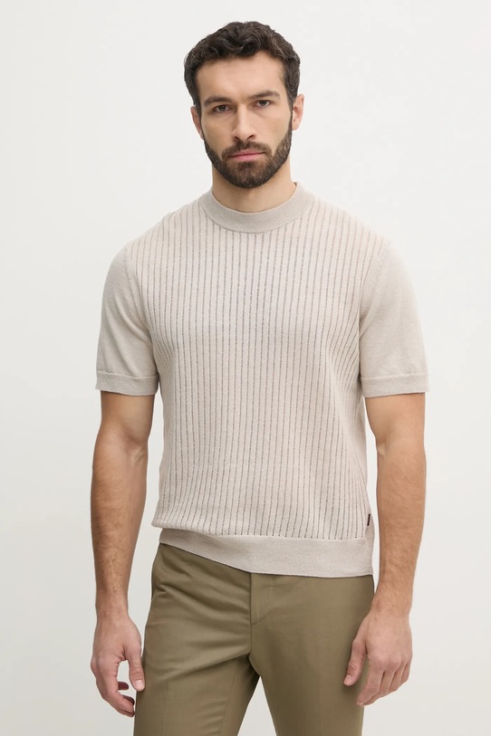 Lněný svetr BOSS Orange kulatý béžová 50539573