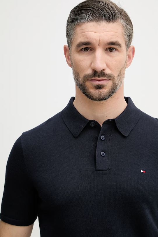 Tommy Hilfiger тениска с яка мъжка от памук тъмносин MW0MW37396