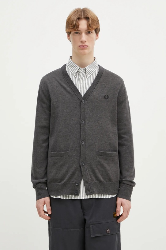 Vuneni kardigan Fred Perry bez uzorka siva K9551.R85